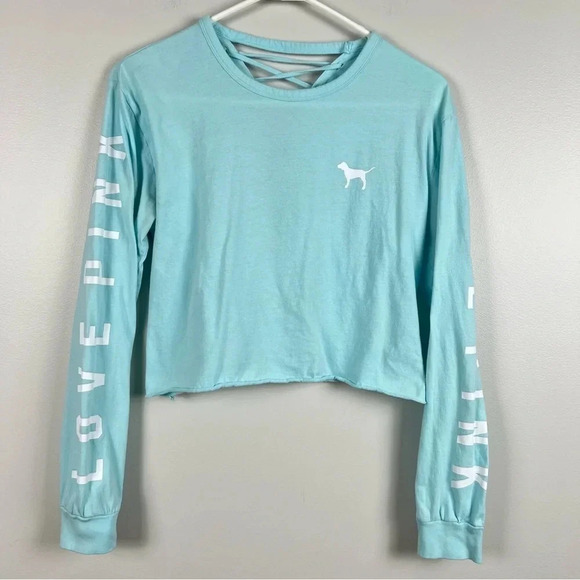PINK Victoria's Secret Tops - 🦋 VICTORIA’S SECRET PINK Baby Blue Long Sleeve Crop Top Size Small